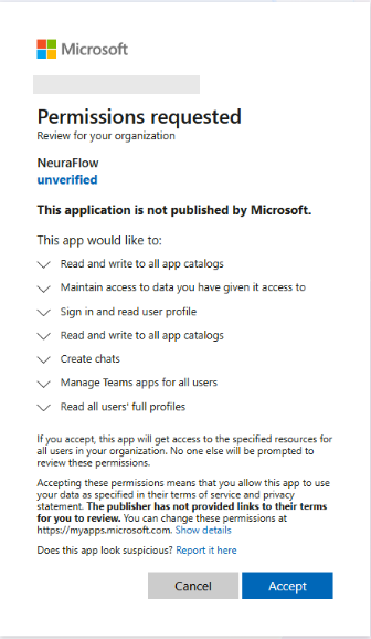 NeuraFlow consent screen in Microsoft Teams